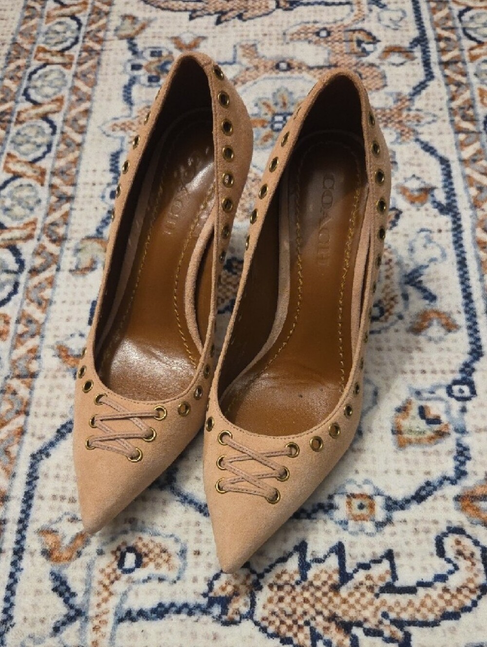 Coach Tan Suede Pointed-Toe Eyelet Pumps